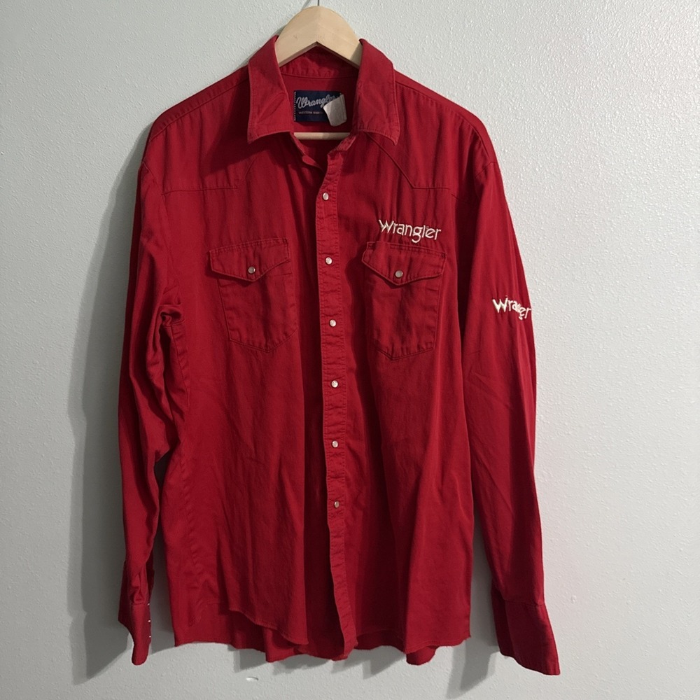 VTG Wrangler Rodeo Spell Out Logo Embroidered Long Sleeve Pearl Button Up XL RED